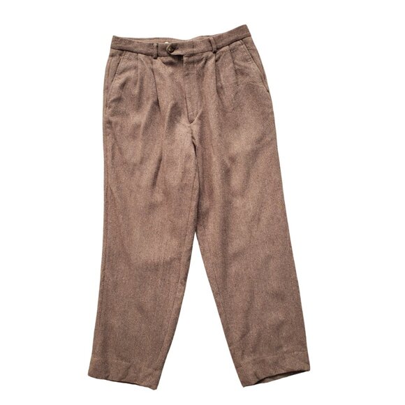 Vintage Eddie Bauer 100% Wool Herringbone Pants Trousers Brown 34x28 Suspenders - Picture 1 of 10